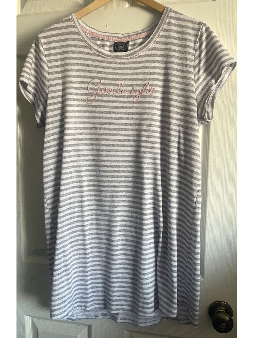 Laura Ashley Knit Nightgown GoodNight Sz L Stripes Gray White Cottage Preppy